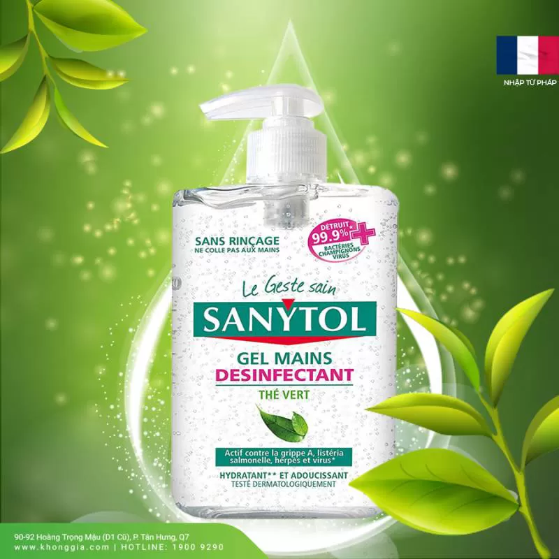 Nước Rửa Tay Khô Sanytol Gel Mains Thé Vert hương trà xanh Của Pháp