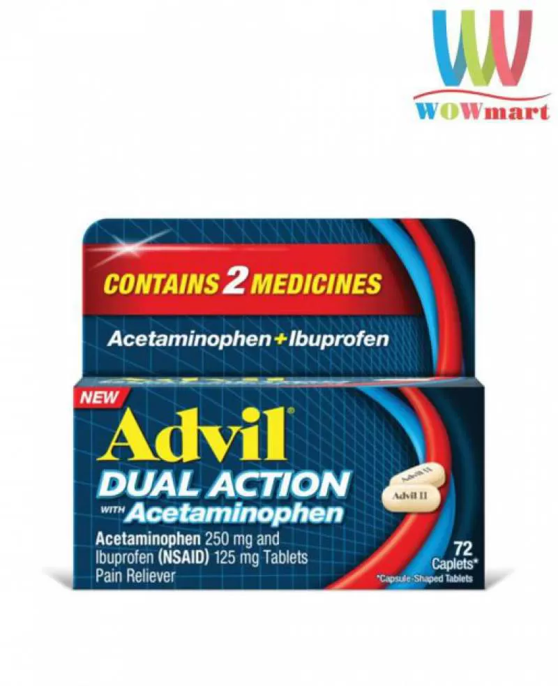 Viên uống Advil Dual Action Acetaminophen 250mg Ibuprofen 125mg 72 Caplets