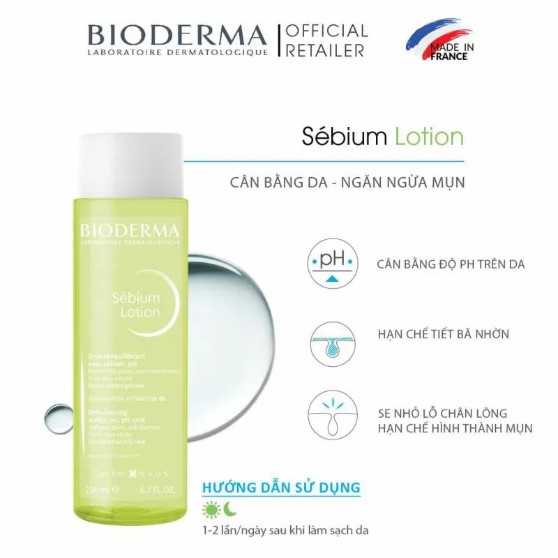 Nước Hoa Hồng Cân Bằng, Giảm Mụn Da Cho Da Dầu, Da Hỗn Hợp, Mụn Bioderma Sebium Lotion