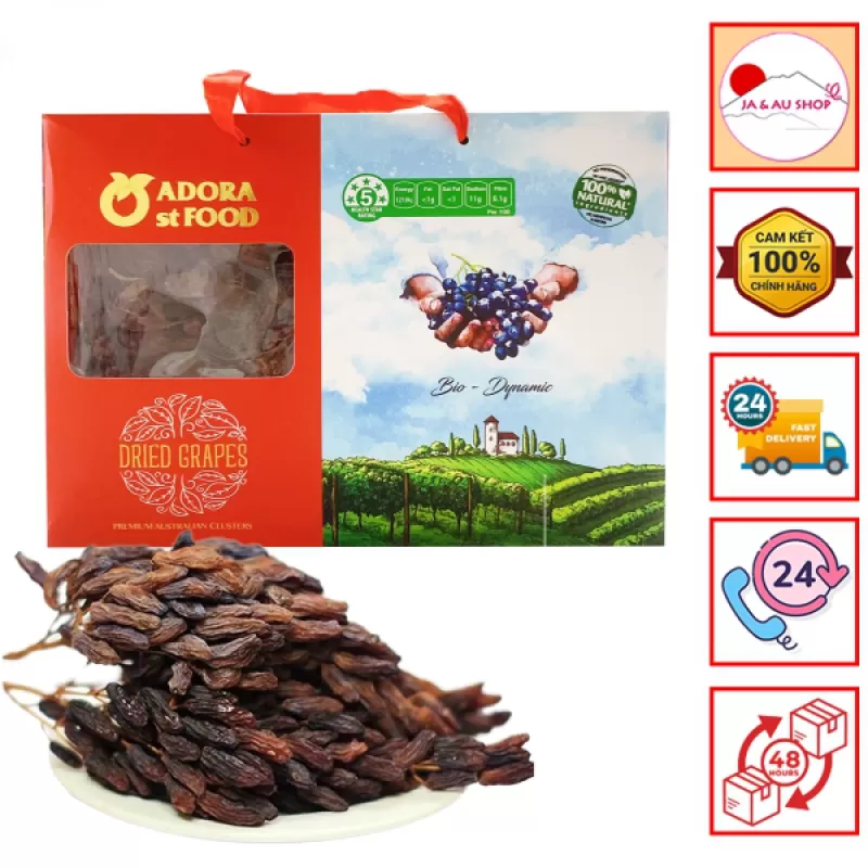 Nho khô nguyên cành Dried Grapes Adora Crimson Úc Hộp 1kg