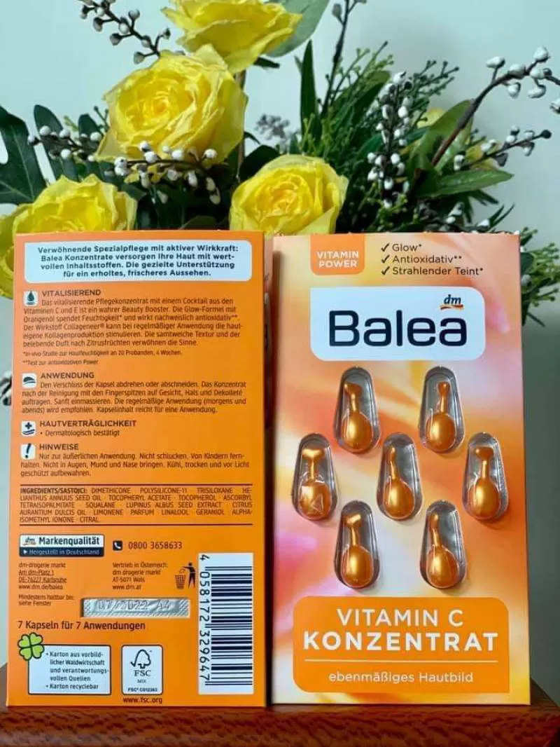 VIÊN NANG VITAMIN C BALEA – vị cam giúp chăm sóc phục hồi làn da với vitamin C và E