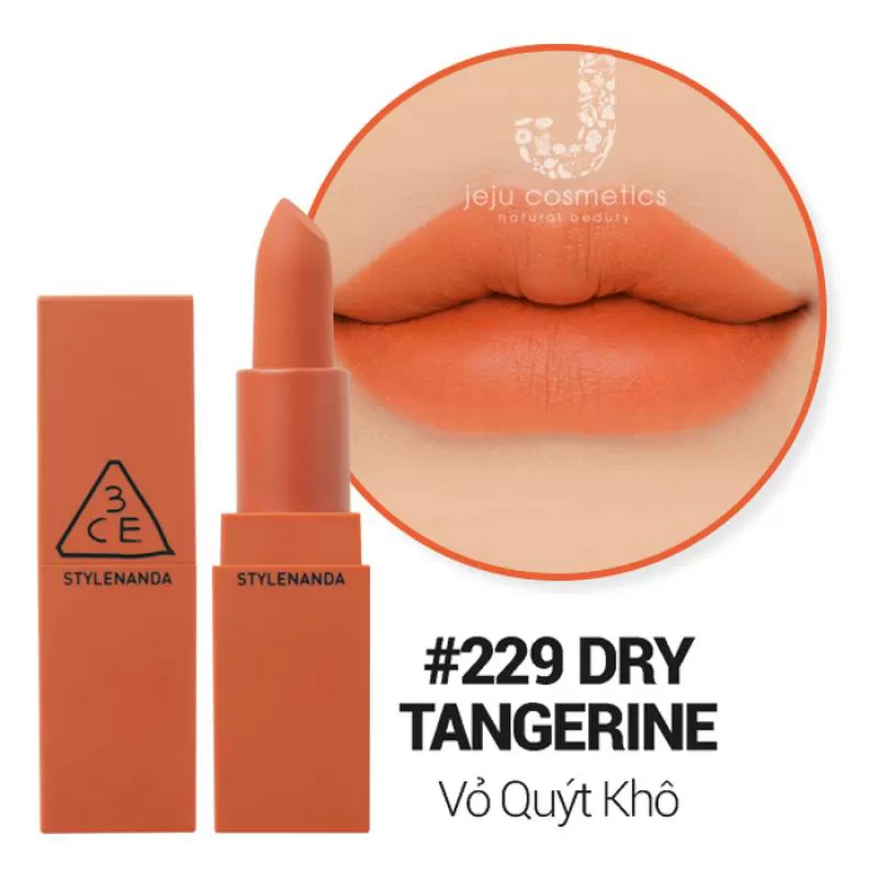 Son 3CE Matte Lip Color 229 Dry Tangerine – Màu Vỏ Quýt Khô