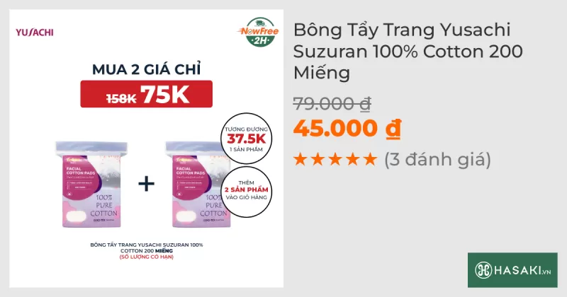 Bông Tẩy Trang Yusachi Suzuran 100% Cotton 200 Miếng