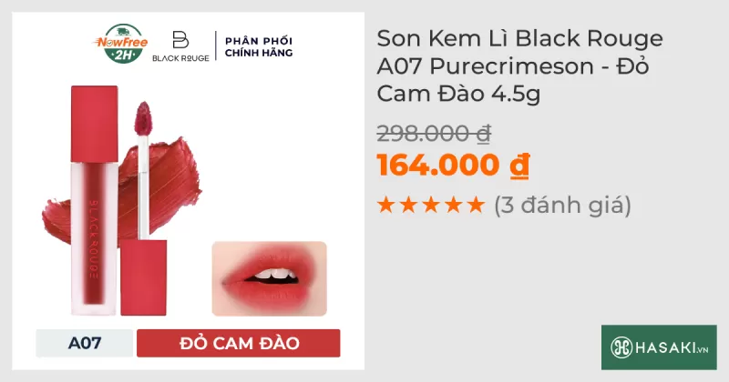 Son Kem Lì Black Rouge A07 Purecrimeson - Đỏ Cam Đào 4.5g