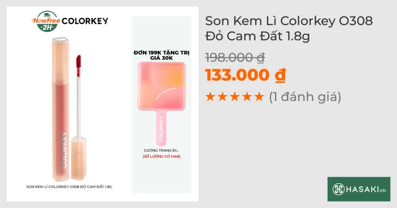 Son Kem Lì Colorkey O308 Đỏ Cam Đất 1.8g