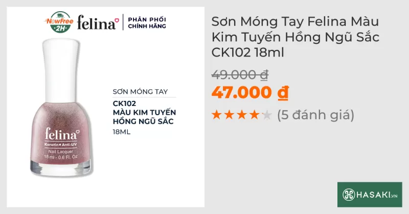 Sơn Móng Tay Felina CK102 Màu Kim Tuyến Hồng Ngũ Sắc 18ml