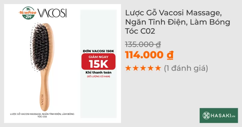 Lược Gỗ Vacosi Massage, Ngăn Tĩnh Điện, Làm Bóng Tóc C02