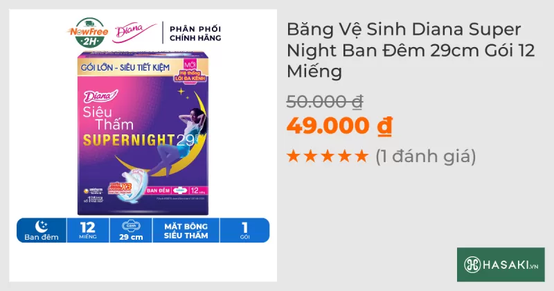 Băng Vệ Sinh Diana Siêu Thấm Supernight 29cm 12 Miếng/Gói