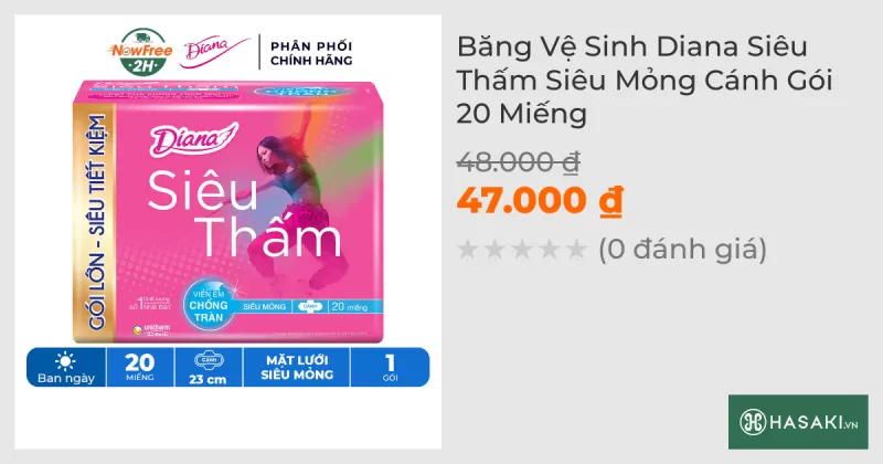 Băng Vệ Sinh Diana Siêu Thấm Siêu Mỏng Cánh 20 Miếng/Gói