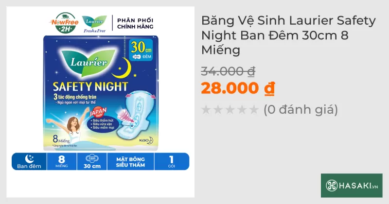 Băng Vệ Sinh Laurier Safety Night Ban Đêm 30cm 8 Miếng