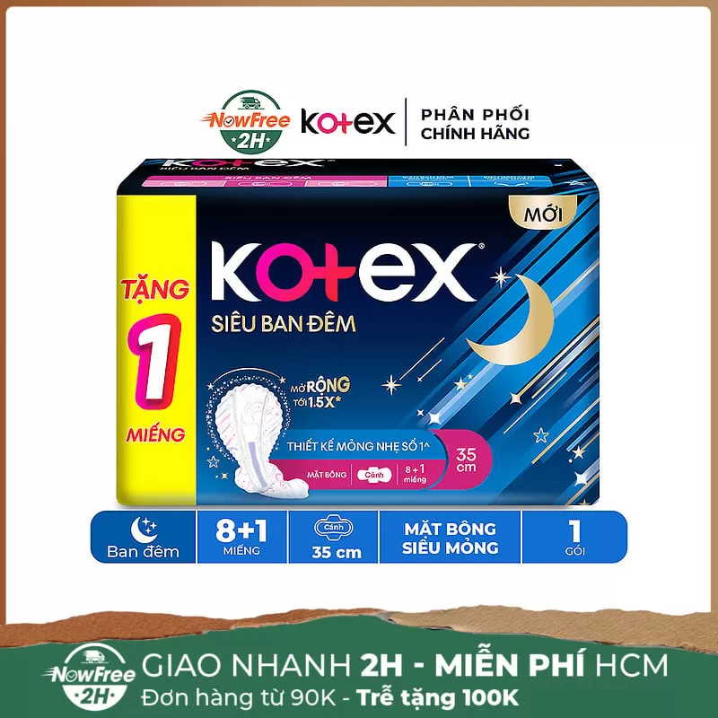 Băng Vệ Sinh Kotex Ban Đêm Mặt Bông Siêu Mỏng Cánh 35cm 8+1 Miếng