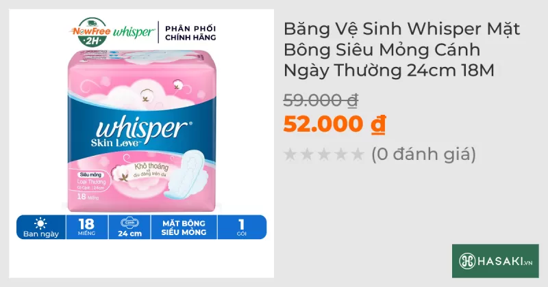 Băng Vệ Sinh Whisper Mặt Bông Siêu Mỏng Cánh Ngày Thường 24cm 18M