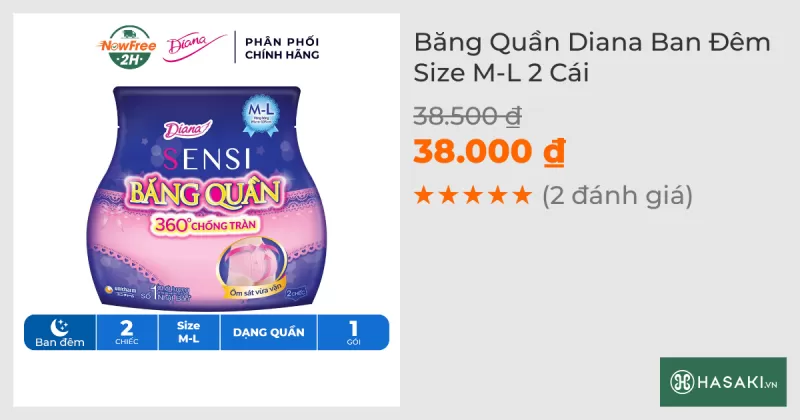 Băng Vệ Sinh Diana Dạng Quần Ban Đêm Size M-L 2 Chiếc/Gói