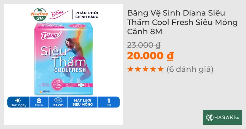 Băng Vệ Sinh Diana Siêu Thấm Cool Fresh Siêu Mỏng Cánh 8M