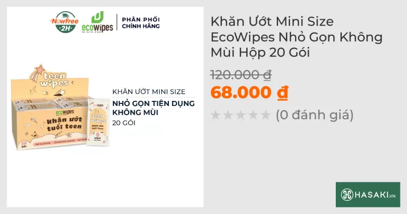 Khăn Ướt Mini Size EcoWipes Nhỏ Gọn Không Mùi Hộp 20 Gói