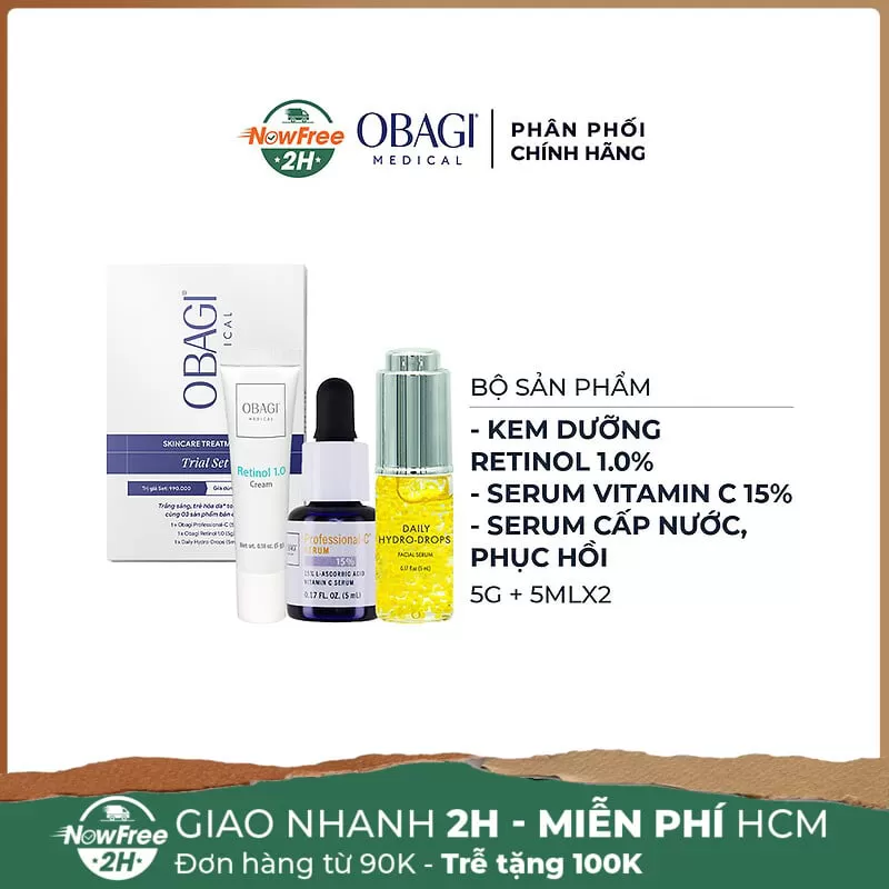 [Mini] Bộ Obagi: Kem Dưỡng Retinol 1.0% + Serum Vitamin C 15% + Serum Cấp Nước, Phục Hồi Da 5g+5mlx2