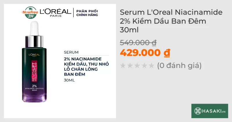 Serum L'Oreal Niacinamide 2% Kiềm Dầu Ban Đêm 30ml