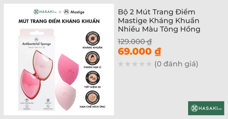 Bộ 2 Mút Trang Điểm Mastige Kháng Khuẩn Nhiều Màu Tông Hồng