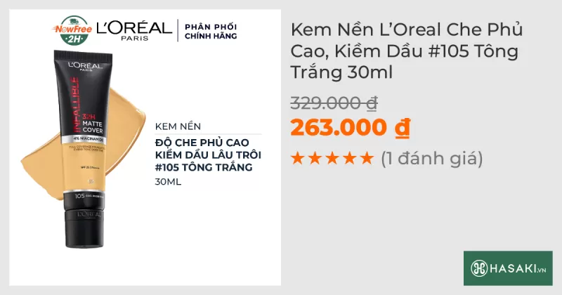 Kem Nền L’Oreal Che Phủ Cao, Kiềm Dầu #105 Tông Trắng 30ml