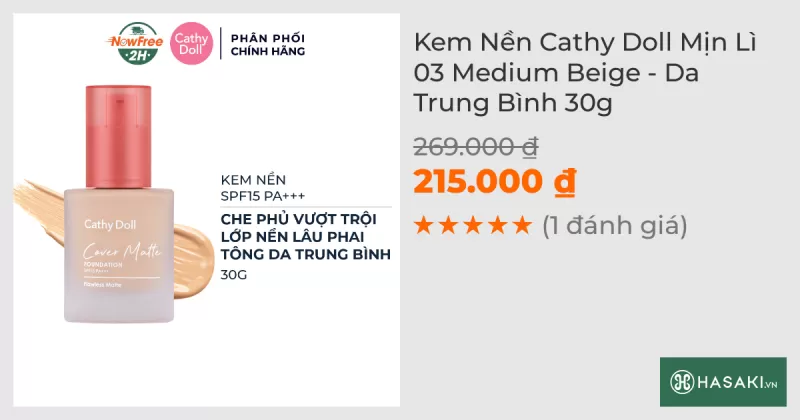 Kem Nền Cathy Doll Mịn Lì 03 Medium Beige - Da Trung Bình 30g