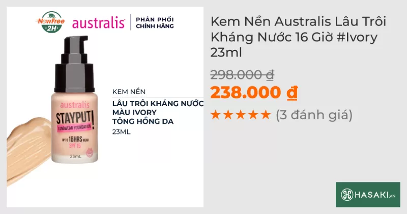 Kem Nền Australis Lâu Trôi Kháng Nước 16 Giờ #Ivory 23ml