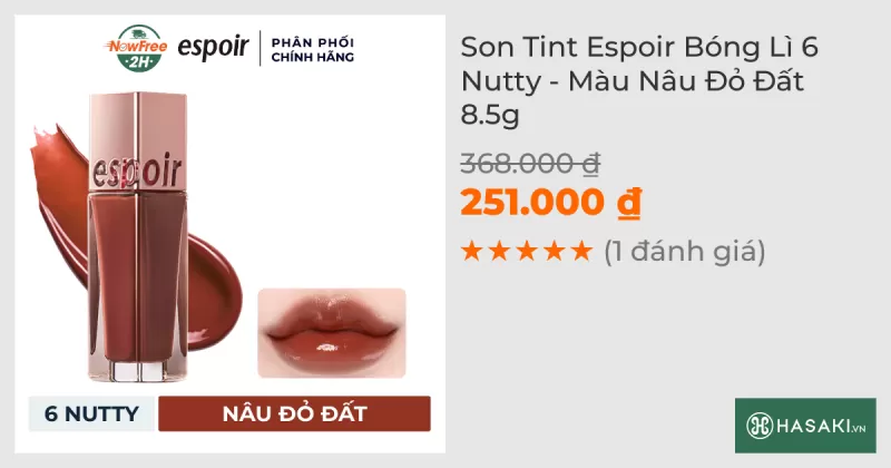 Son Tint Espoir Bóng Lì 6 Nutty - Màu Nâu Đỏ Đất 8.5g