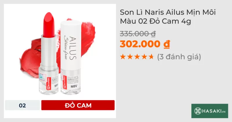 Son Lì Naris Ailus Mịn Môi Màu 02 Đỏ Cam 4g