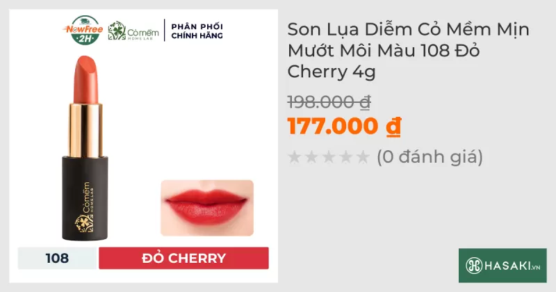 Son Lụa Diễm Cỏ Mềm Mịn Mướt Môi Màu 108 Đỏ Cherry 4g