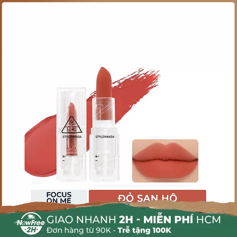 [HSD 11/2025] Son Thỏi Lì 3CE Vỏ Trong Suốt Focus On Me - Đỏ San Hô 3.5g