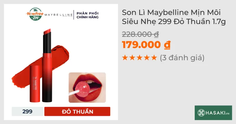 Son Lì Maybelline Mịn Môi Siêu Nhẹ 299 Đỏ Thuần 1.7g