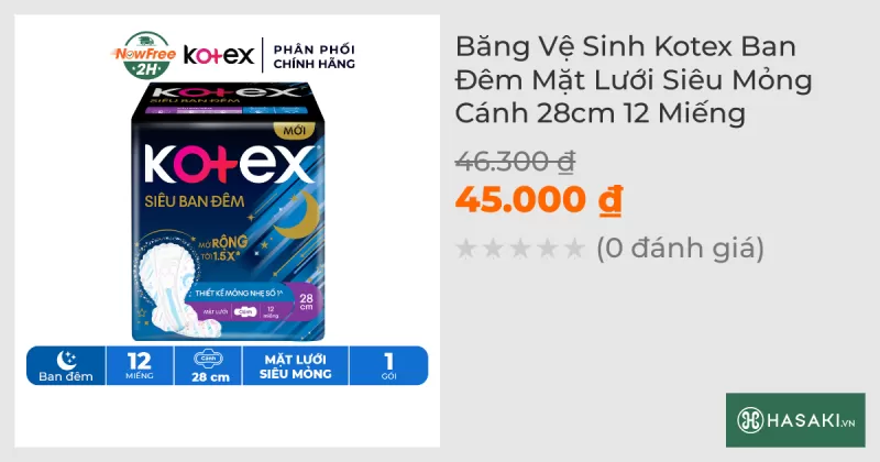 Băng Vệ Sinh Kotex Ban Đêm Mặt Lưới Siêu Mỏng Cánh 28cm 12 Miếng