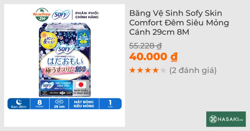 Băng Vệ Sinh Sofy Skin Comfort Đêm Siêu Mỏng Cánh 29cm 8M