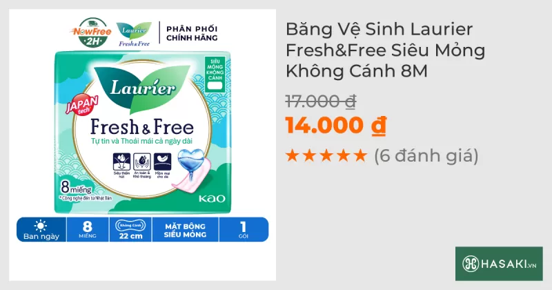 Băng Vệ Sinh Laurier Fresh&Free Siêu Mỏng Không Cánh 8M