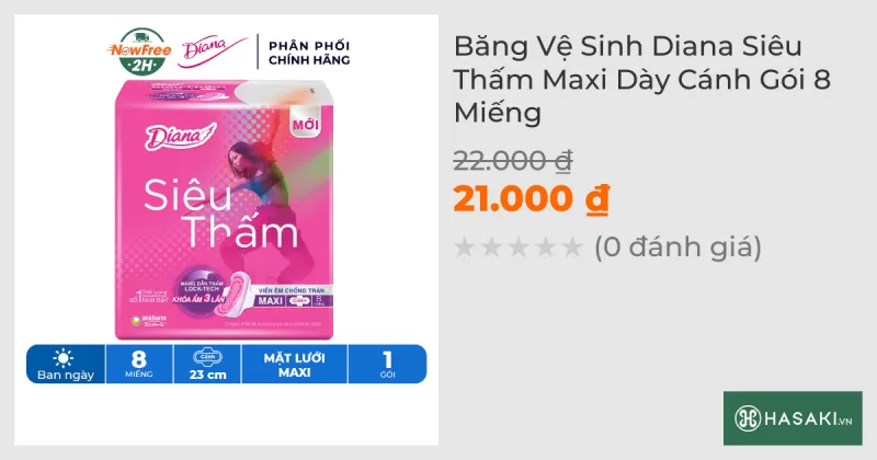 Băng Vệ Sinh Diana Siêu Thấm Maxi Cánh 8 Miếng/Gói