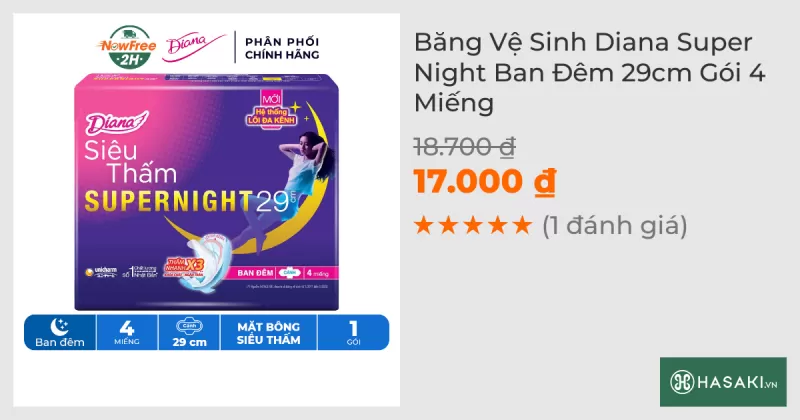 Băng Vệ Sinh Diana Siêu Thấm Supernight 29cm 4 Miếng/Gói