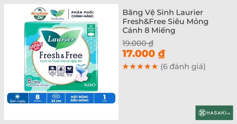 Băng Vệ Sinh Laurier Fresh&Free Siêu Mỏng Cánh 8 Miếng