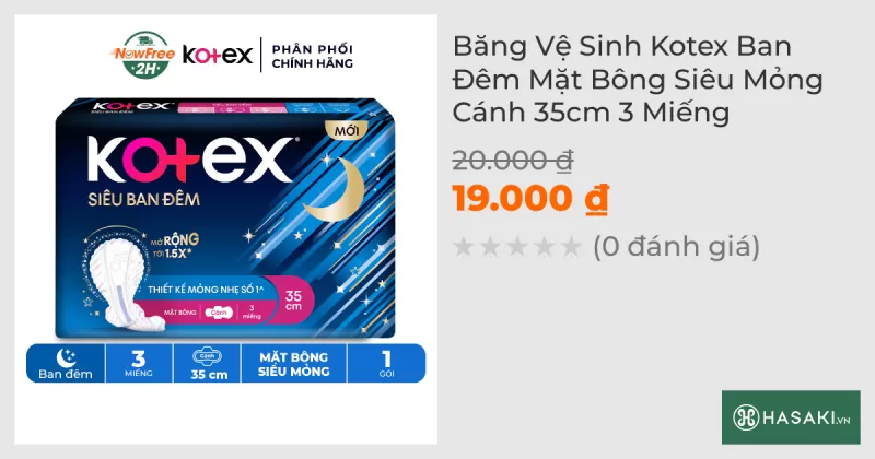 Băng Vệ Sinh Kotex Ban Đêm Mặt Bông Siêu Mỏng Cánh 35cm 3 Miếng