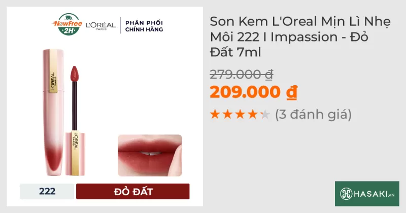 Son Kem L'Oreal Mịn Lì Nhẹ Môi 222 I Impassion - Đỏ Đất 7ml