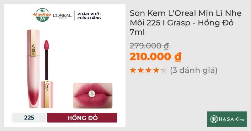 Son Kem L'Oreal Mịn Lì Nhẹ Môi 225 I Grasp - Hồng Đỏ 7ml