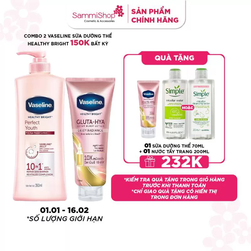 [01.01-16.02] 2 Vaseline Sữa dưỡng thể Healthy Bright 150K bất kỳ