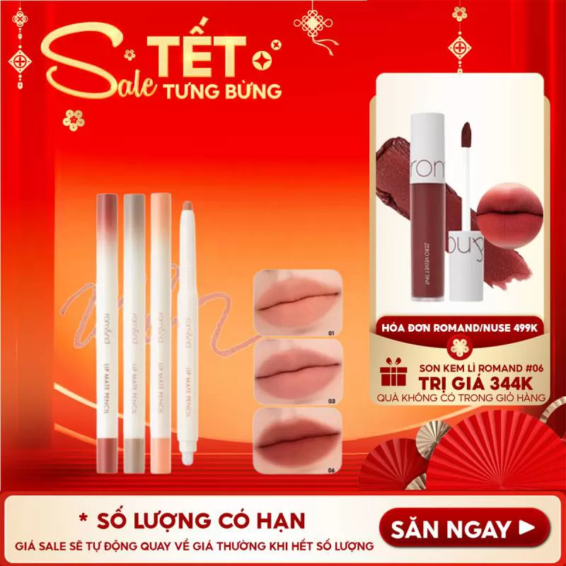Chì Kẻ Viền Môi Nhung Lì, Lâu Trôi, Thiết Kế 2 Đầu Romand Lip Mate Pencil 0.5g