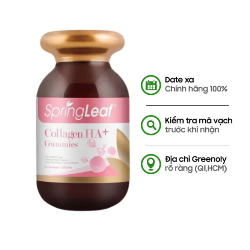 SpringLeaf Kẹo Dẻo Collagen Nuôi Dưỡng Da & Tóc Vị Đào Collagen HA+ Gummies 60 Viên