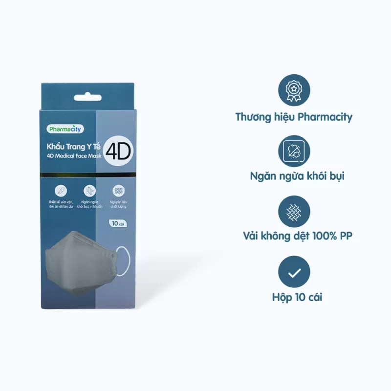 Khẩu trang 4D Pharmacity thiết kế đa chiều, ngăn vi khuẩn - Màu xám (Hộp 10 cái)
