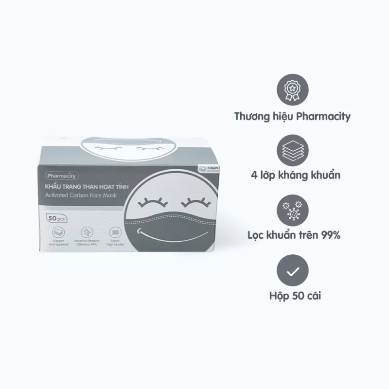 Khẩu Trang Than Hoạt Tính Pharmacity - Lọc Khuẩn Bụi Hộp 50 Cái