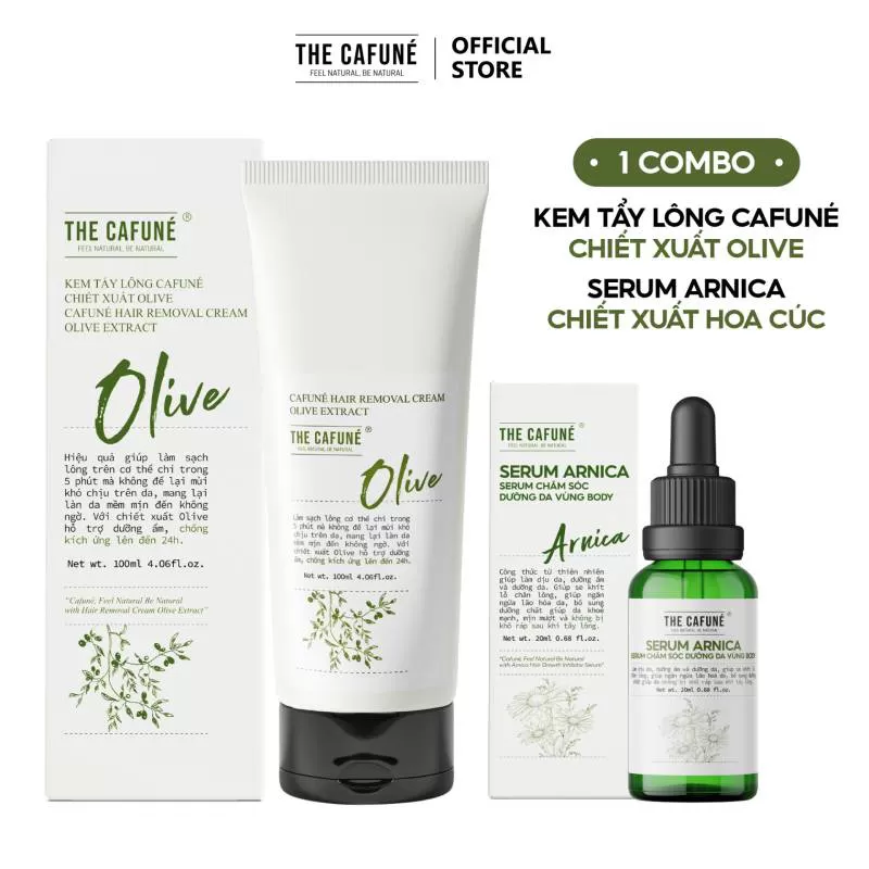 Combo Kem Tẩy Lông Olive và Serum Dưỡng Cafuné triệt lông vùng kín, chân, tay, nách 100ml