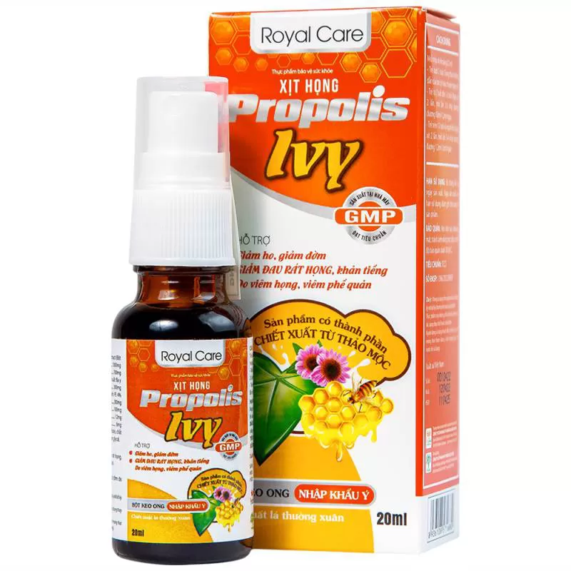 Xịt họng Propolis Ivy Royal Care giảm ho, đờm, đau rát họng, khản tiếng do viêm họng, viêm phế quản (20ml)